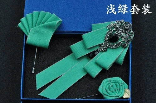 Fashion Handmade Bow Tie Wedding Collar Luxury Rhinestone Bowtie Necktie Brooch Pocket Towel Square Set Gift for Men Accessories