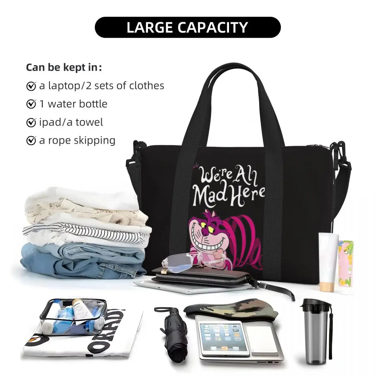 Custom Cheshire Cat Beach Tote Bag for Women We're All Mad Here Cat Big Compartment Gym Beach Travel Bags