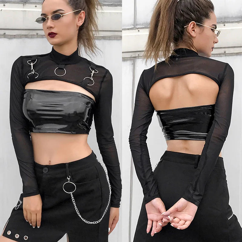 Women T-Shirt Sexy Hip Hop Gothic Lady Micro Short Metal Chain Lace See-through Mesh Long Sleeve Turtleneck Hot Tops