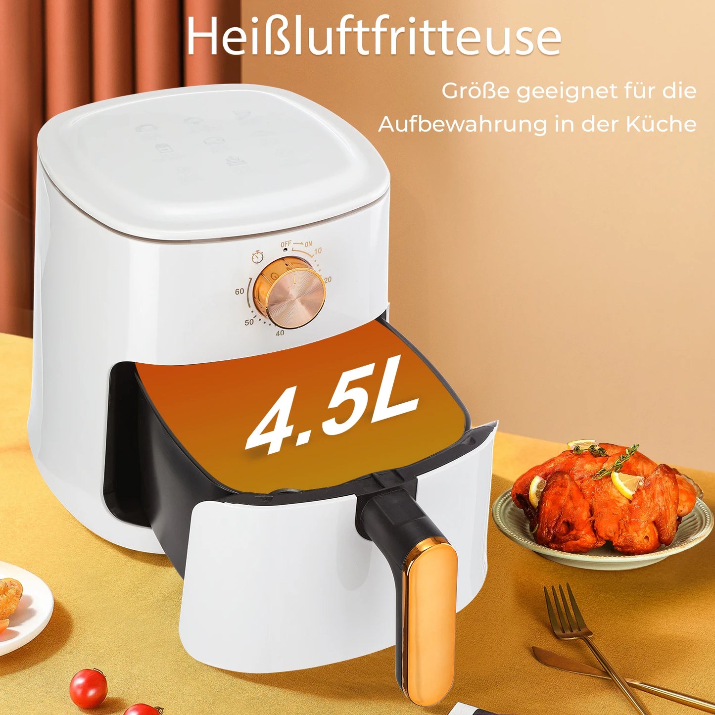 Manual Air Fryer Oven with Rapid Air Circulation and 60 Min Timer, 4.5 Litre, White
