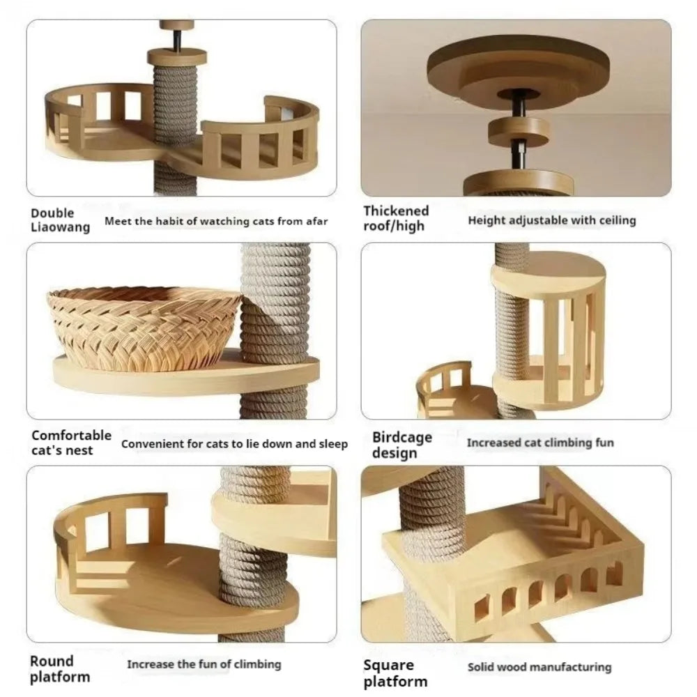 Cat Tower Cat Tree  Adjustable Multi-Function Floor To Ceiling Wooden House Tower For Large Cats With Large Cat Accessories