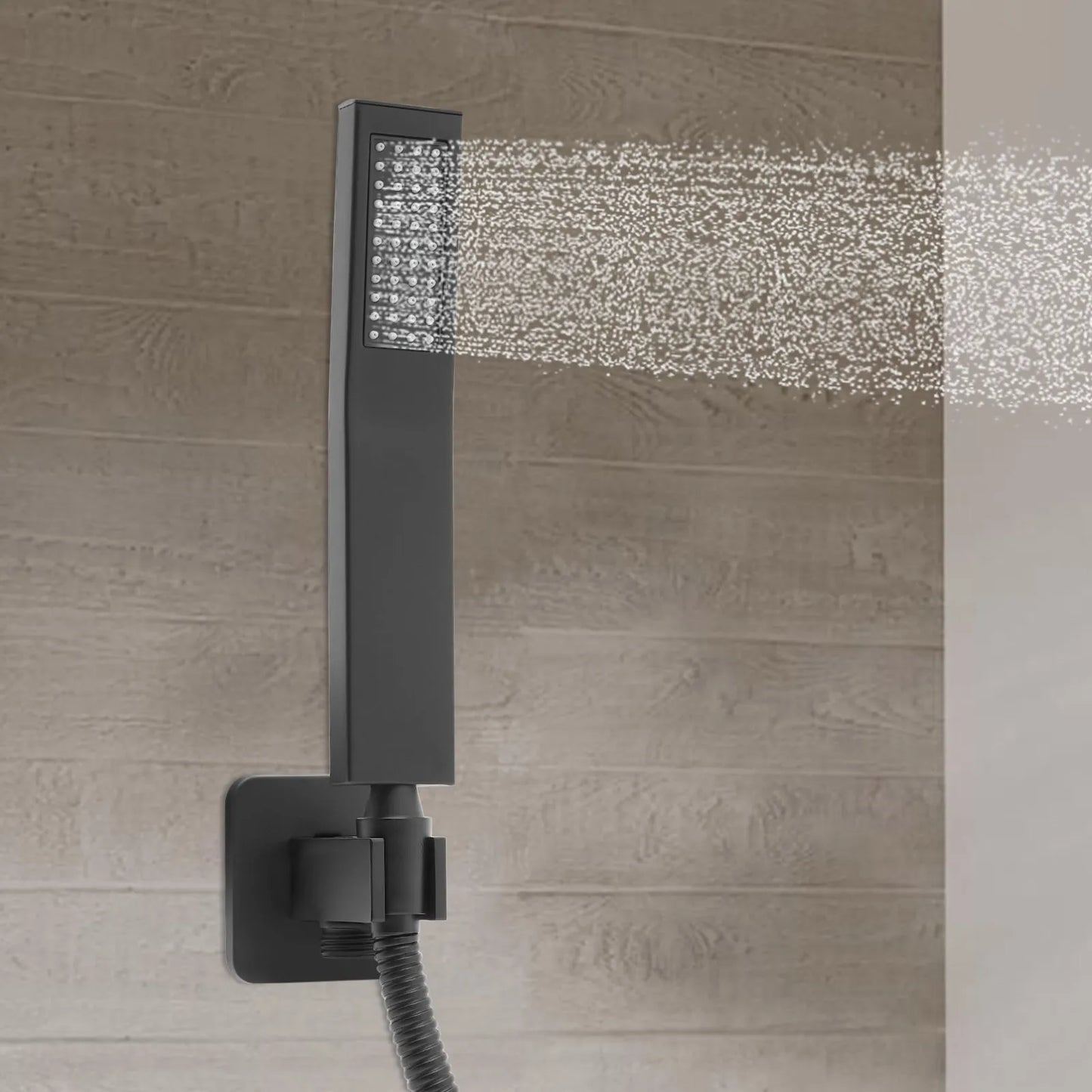 Mattschwarzes, geräuscharmes Duscharmaturen-Set mit Messing-Wandanschluss und Federschlauch
