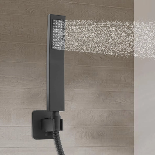 Mattschwarzes, geräuscharmes Duscharmaturen-Set mit Messing-Wandanschluss und Federschlauch