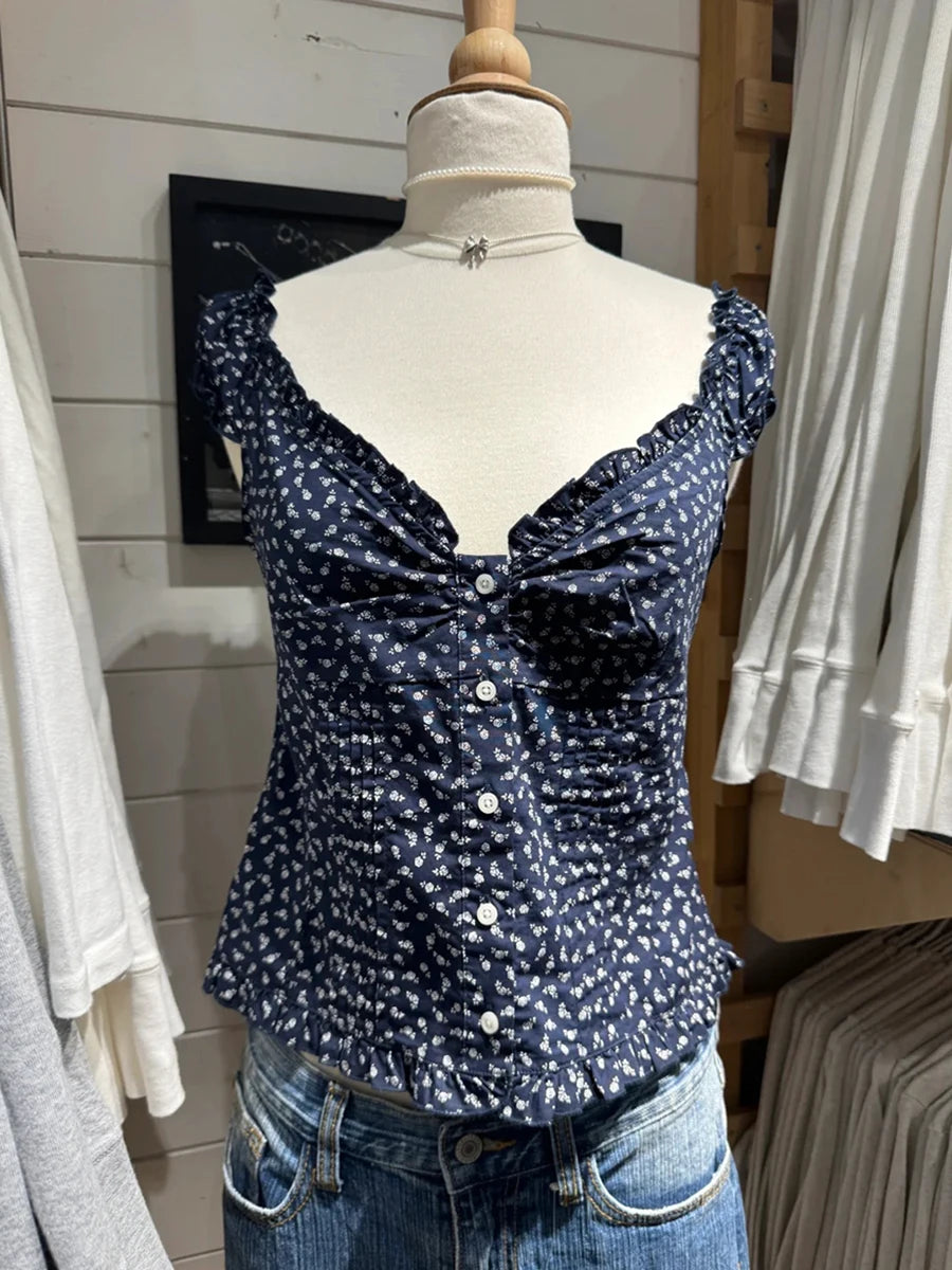 Blue Plaid Ruffles T-shirt Women Summer Folds V-neck Single Breasted Short Sleeve Tee Shirts Sweet Girls Cotton Slim Crop Top