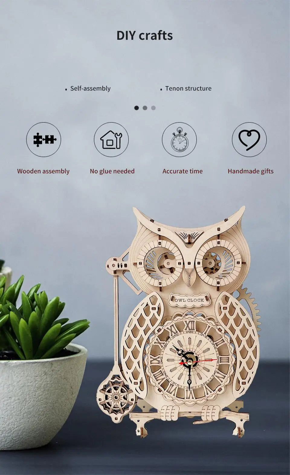 Holz-Puzzle 2025: Wooden 3D Owl Clock Model - Creative DIY Wall Clock Mechanical Retro Pendulum Collection