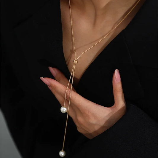 Elegant Imitation Pearl Long Tassel Pendant Necklaces For Women French Fashion Bowknot Choker Jewelry Evening Party Accessories