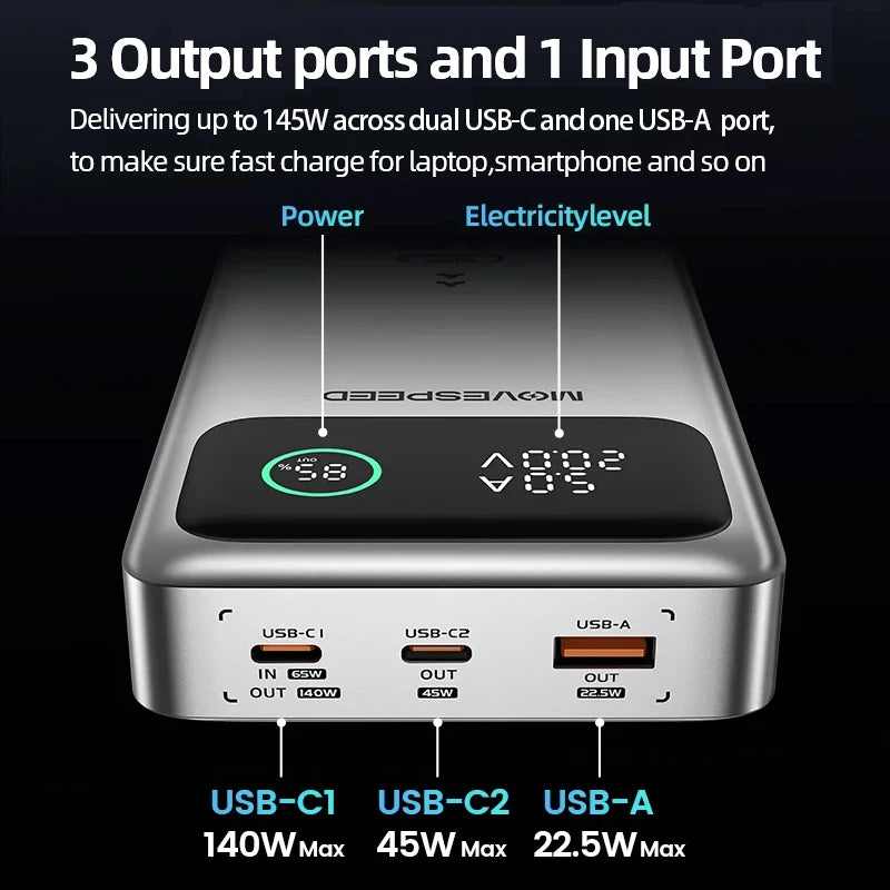 MOVESPEED M25Pro Power Bank 25000mAh - 140W USB-C PD Schnellladung für MacBook & Laptop