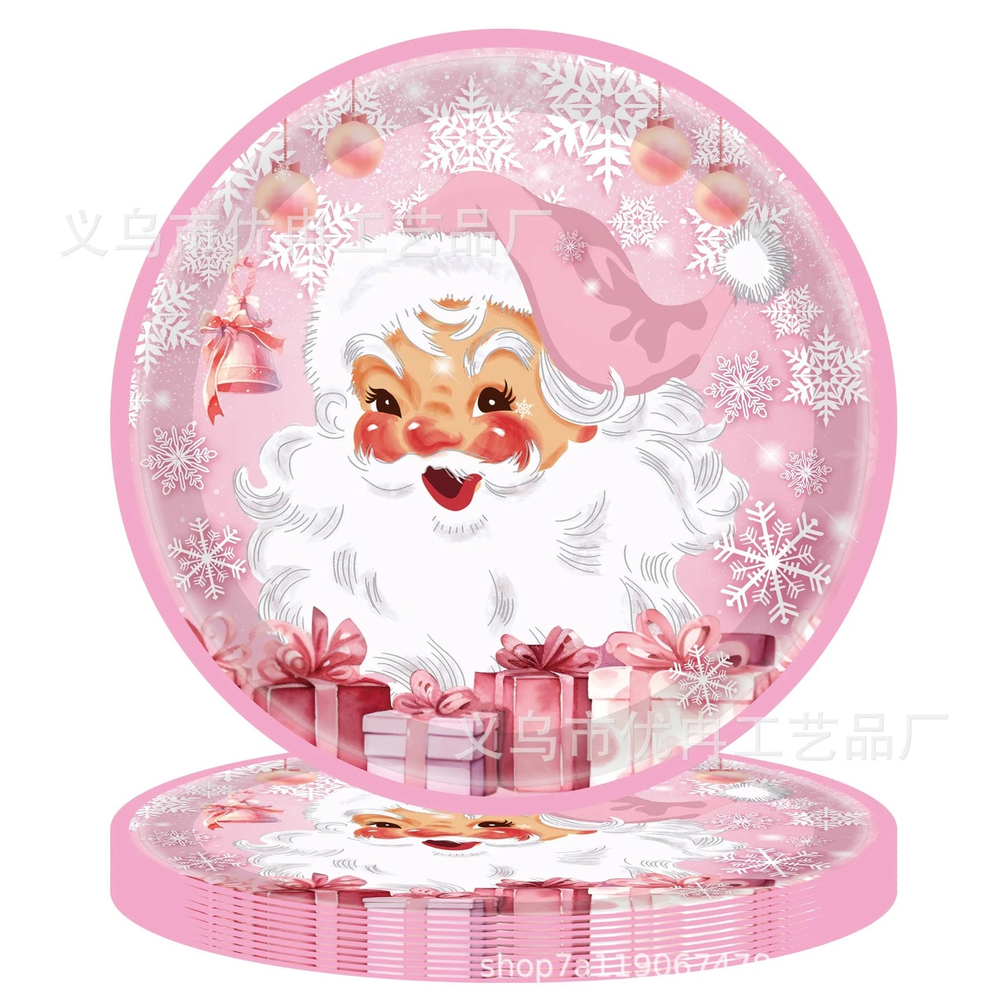 8Guests Pink Christmas Santa Claus Disposable Tableware Snowflake Santa Merry Christmas Decor 2025 Feliz Navidad Happy New Year