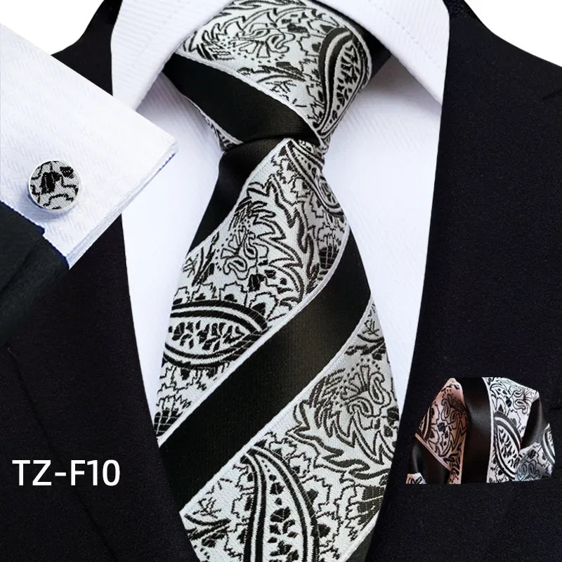 Luxury Mens Ties Floral Black Gold Ties Paisley Grid NeckTie Pocket Square Cufflinks Set Men's Wedding Party Tie