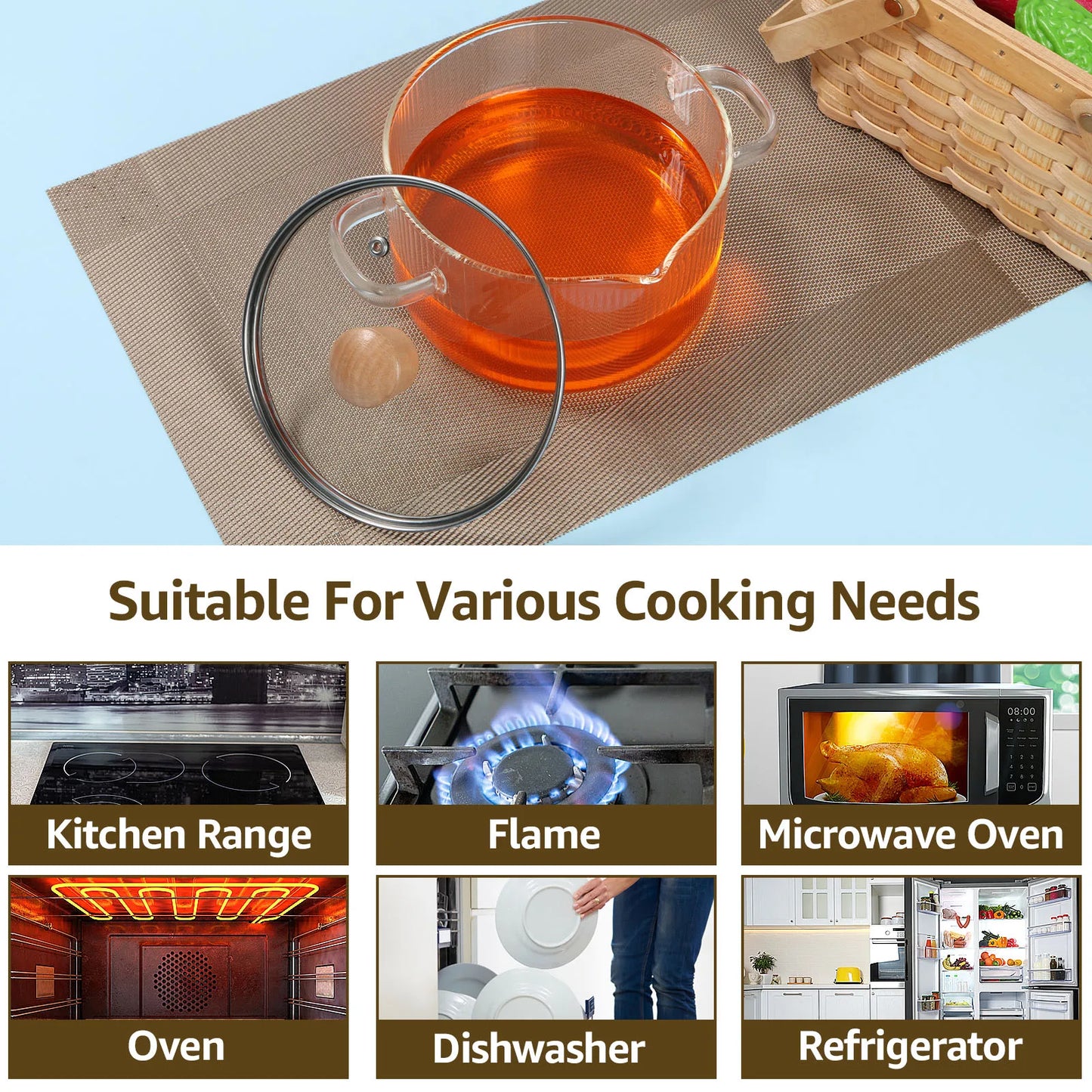 Glass Saucepan Clear Cooking Pot with Lid 16CM Heat Resistant Glass Soup Pot Dual Handles Glass Stovetop Kitchen Cooking Tools