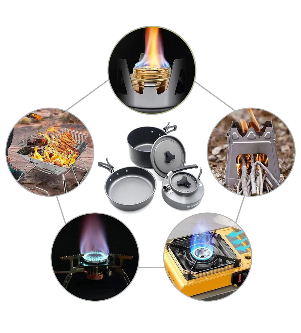 PACOONE Camping Cookware Set Outdoor Portable Foldable Cookware Set Pot Cooking Kettle Set Tableware Hiking Picnic Equipment