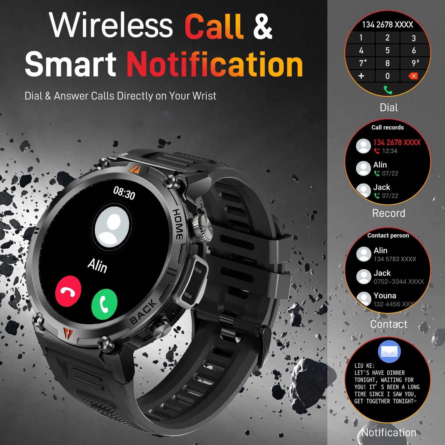 LaNikar 2025 KE3 Smartwatch - Bluetooth Anruf Herren Vollbild Touchscreen Gesundheitsmonitor Stahlring