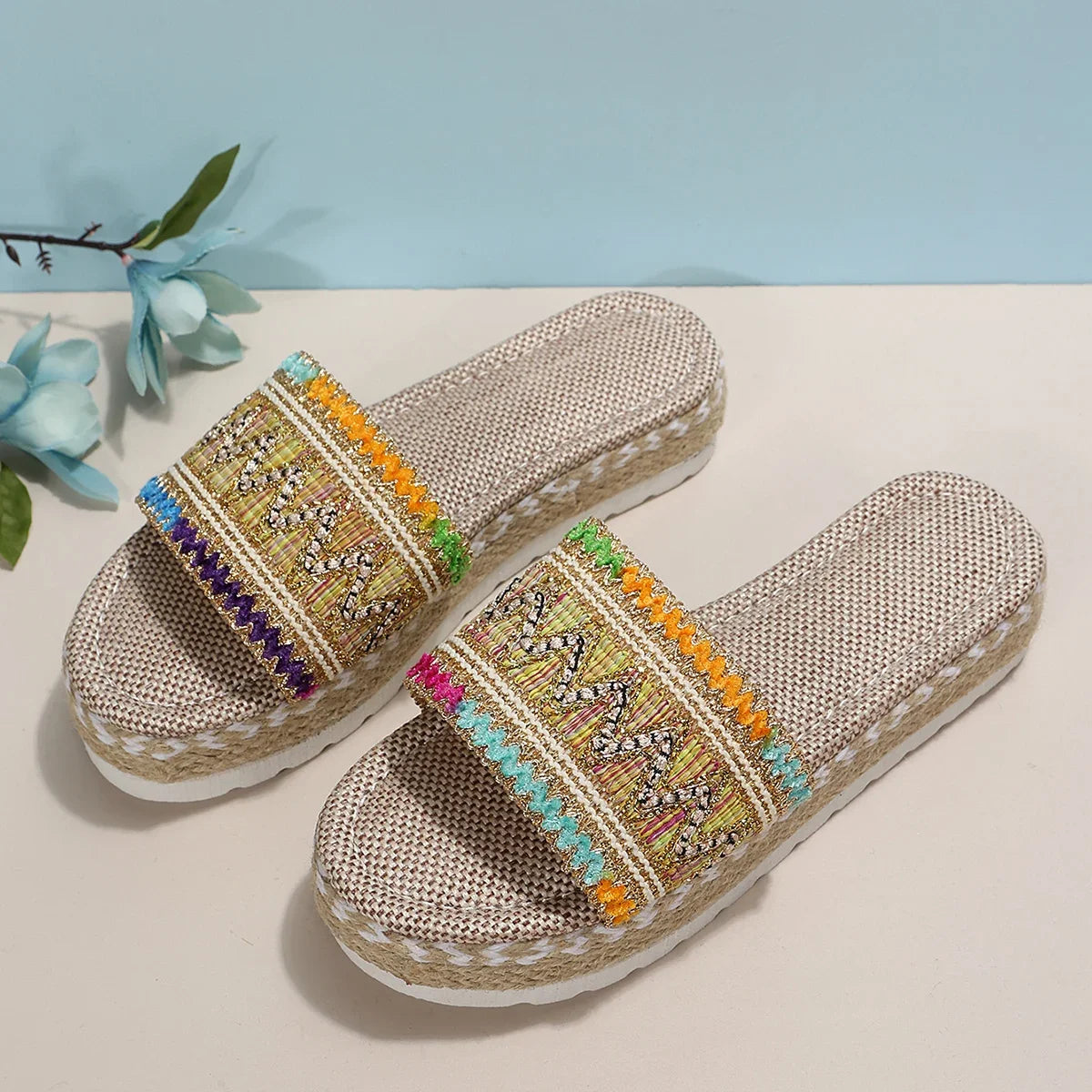 Gewebte Damen Pantoletten Platform - Sommer Schuhe für Damen 2025 Neu - Strand Casual Absatz Sandalen Bohemian Handgemacht Espadrilles