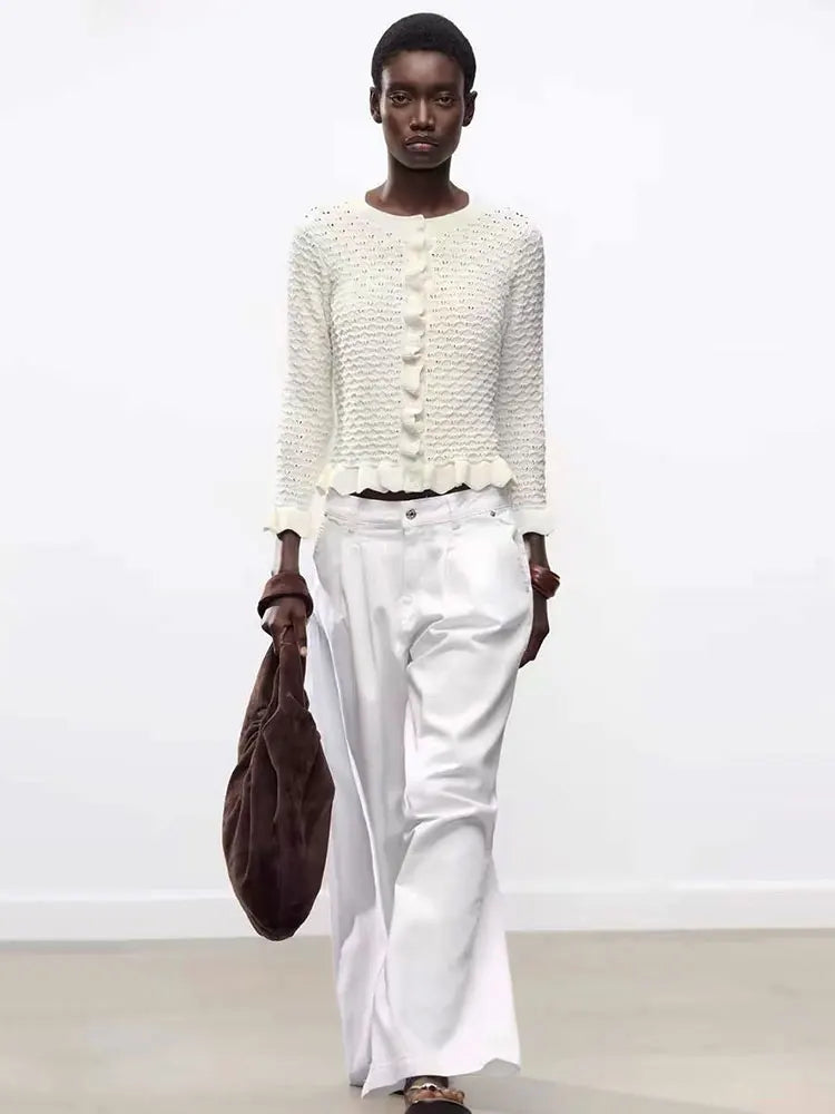 GACVGA Rüschen Strickjacke Chic - Slim Fit, 3/4-Ärmel, M