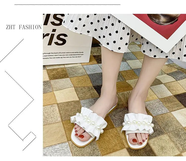 Women Slides Faux Pearl Decor Ruffle Trim Sandals Open Toe Wear-resistant Flat Slippers Summer Sandy Beach Sandals Women Shoes