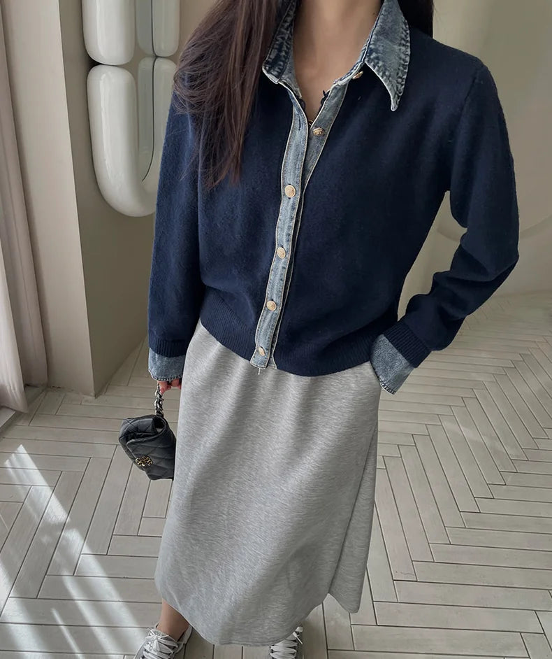BigLargiCN Strickcardigan Herbst Denim Patchwork Damen Korean Stil - Gewicht 120–220 g/m² Länge Regular Lockere Passform