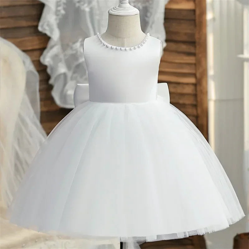Baby Mädchen Kleid Große Schleife Perlen Rückenfrei 1. Geburtstag Party Kleid Säugling Mädchen Prinzessin Hochzeit Tüll Kleid Taufe Kleid 1-5J