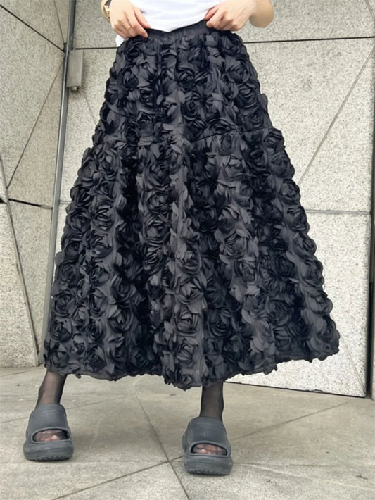Elegant Fashion 3D Flowers Mesh White Skirt French Chic Elegant Long Skirts Women A-line Elastic High Waist Female Skirt