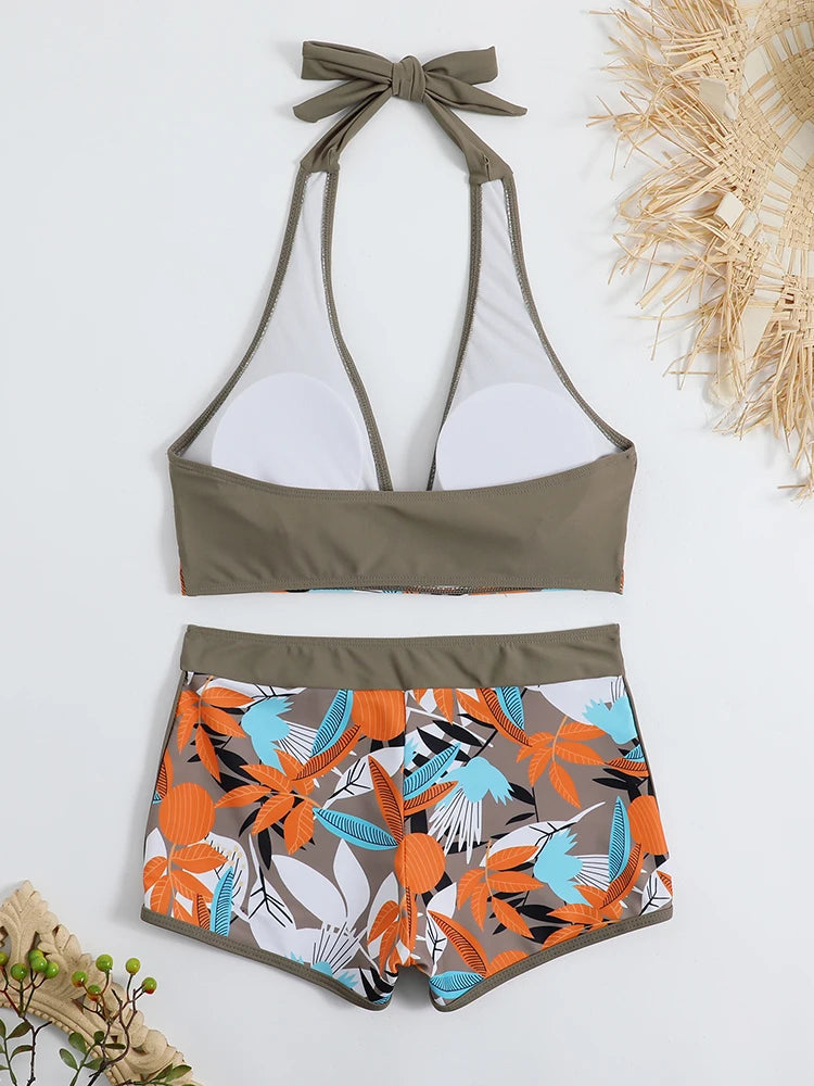 Halter Bikini Set: High Waist Design Wire-Free Support Spandex Polyester - Kurzer Schwimmanzug Frauen Bedruckte Bademode Polsterung Strandmode