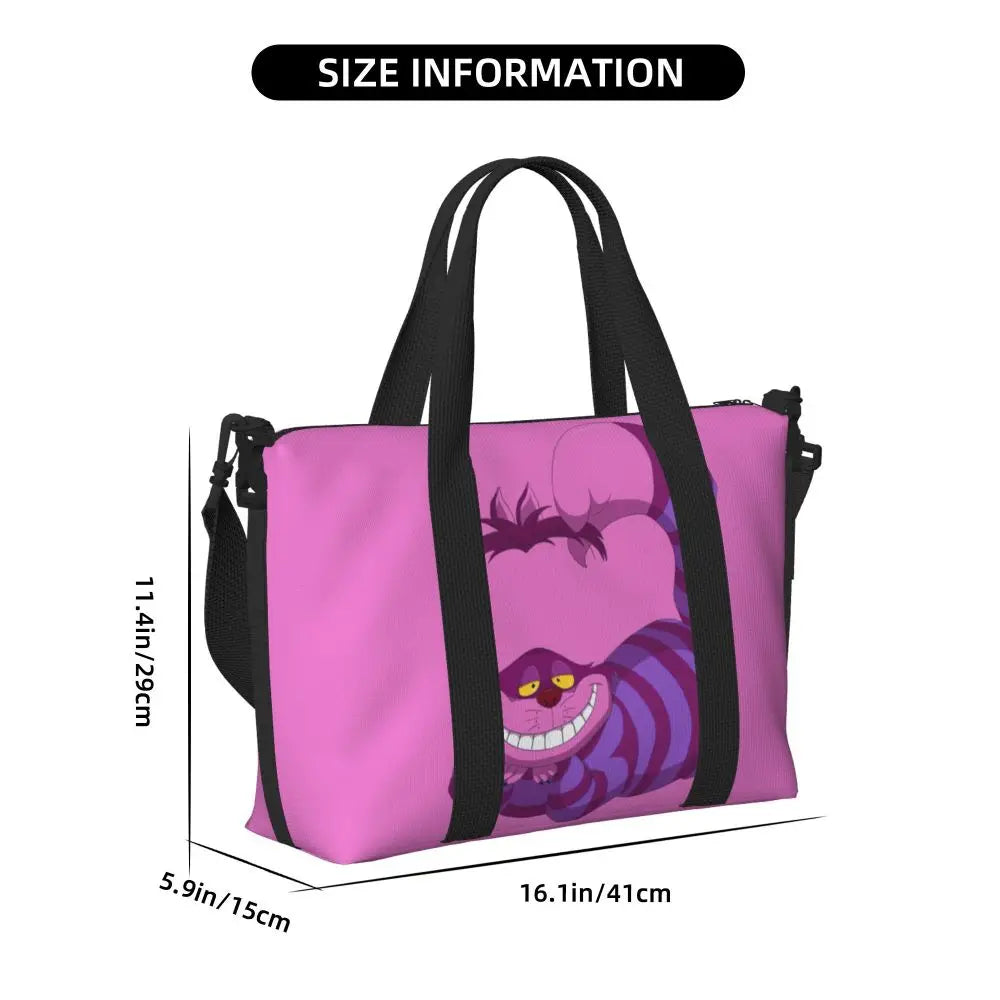 Custom Cheshire Cat Beach Tote Bag for Women We're All Mad Here Cat Big Compartment Gym Beach Travel Bags