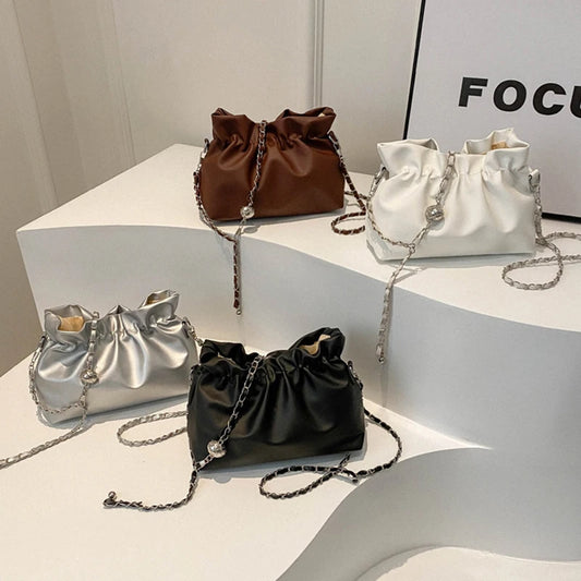 Women's Chain Bag Fashion Versatile Classic Solid Color Crossbody Bag Drawstring Shoulder Bag Silver Bucket Bag