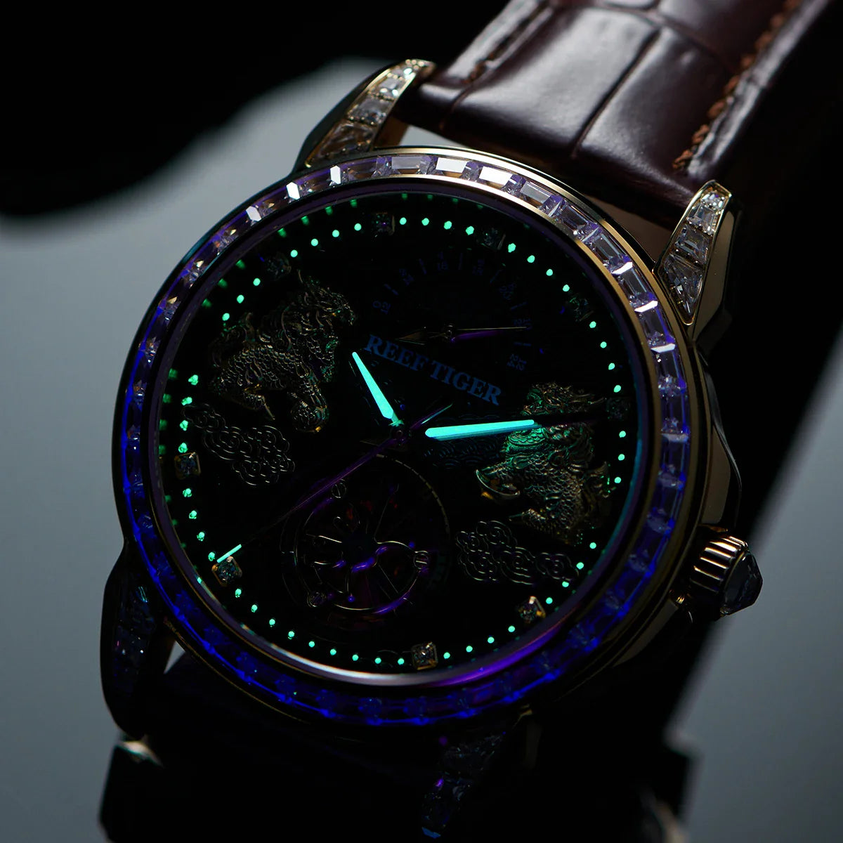 Reef tiger automatic watch rose gold pixiu dial diamond bezel leather strap