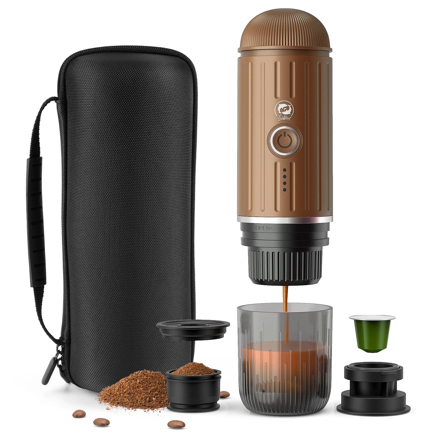 icafilas Portable Kaffeemaschine - Heizbar für Kapseln & Pulver, Travel Espresso Maker mit Tasche