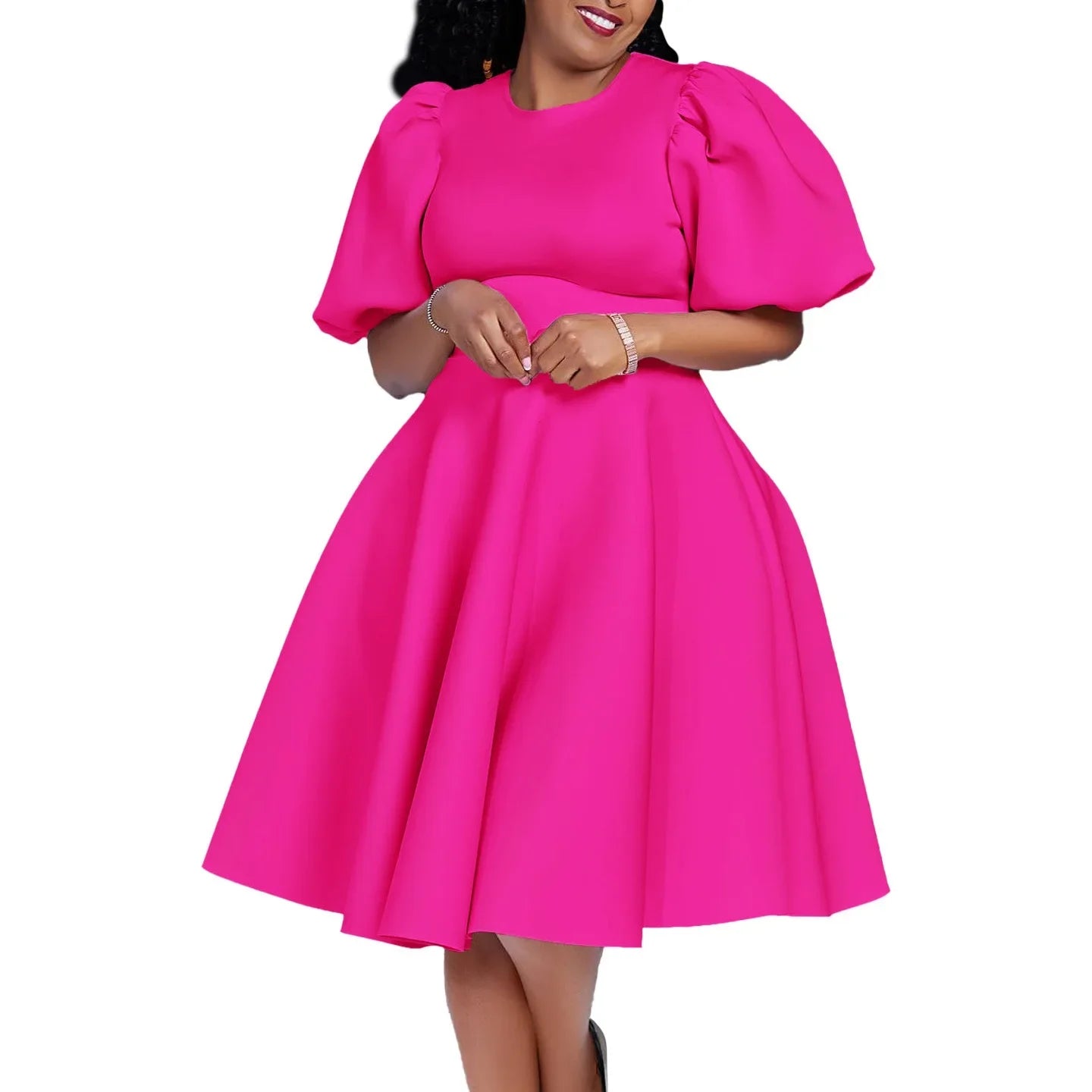 Elegante Kleider Für Frauen 2024 O-Ausschnitt Kurze Ärmel Hohe Taille Plissiert Midi Luxus Weiblich Geburtstag Party Dinner Vestidos