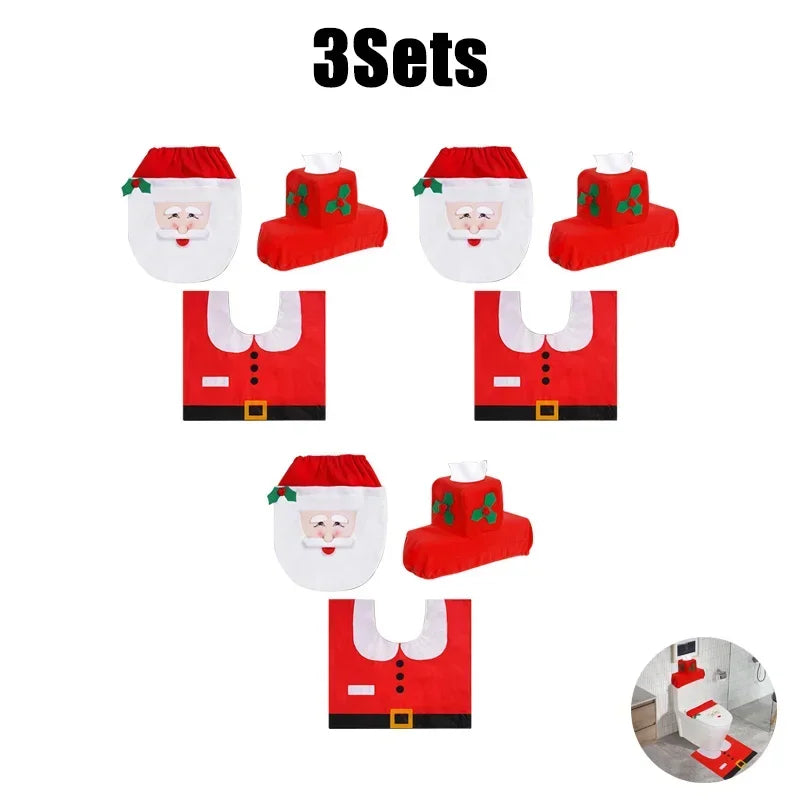 1-5Sets Christmas Toilet Seat Cover Santa Claus Bathroom Decor Set with Toilet Lid Mat and Tank Cover for Holiday Home Decor