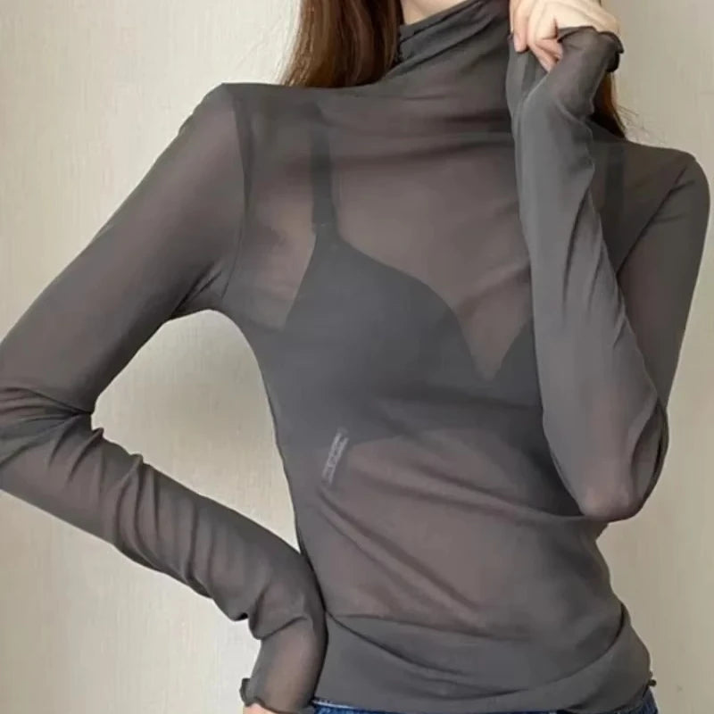 Sexy Women T Shirt See Through Transparent Tops Long Sleeve Ladies T-Shirt Pink Green Basic Top for Female Bottoming Blouses