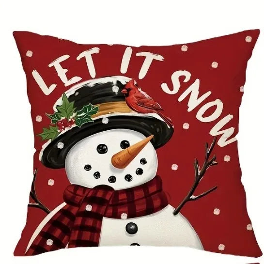 New Red Christmas Pillow Cover 45x45cm - Snowman & Deer Printed Holiday Cushion Case, Festive Xmas Decor for Living Room Sofa