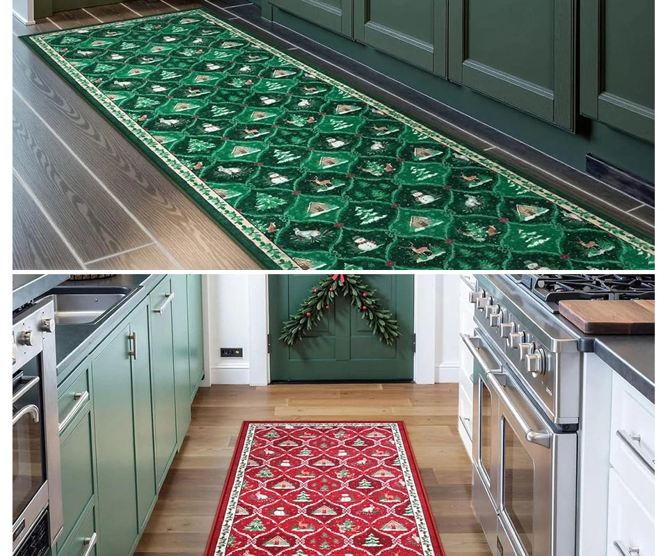 Runner Rug Corridor Non-slip Machine Washable Easy To Fold Floor Mat Green Plaid Snowman Rugs Christmas Gift Home Decoration Mat