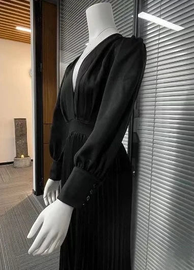 Elegante Kleid Tiefer V Ausschnitt - Plissee, Langarm, S M L