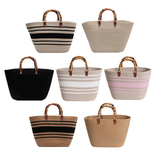 Beach Vacation Bags Bamboo Handle Women Weaving Bag Large Capacity Striped Portable Casual Fashion Exquisite for Seaside Party