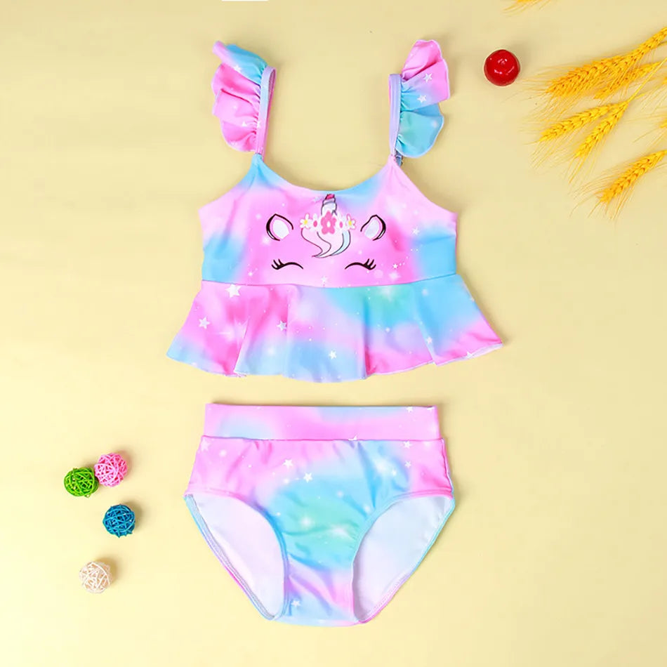 Mädchen-Badeanzug 2025: Einhorn Kinder Bademode Rüschen Strand Schwimmanzug - 2-teiliges Set Baby Geburtstag Badebekleidung 3-8 Jahre