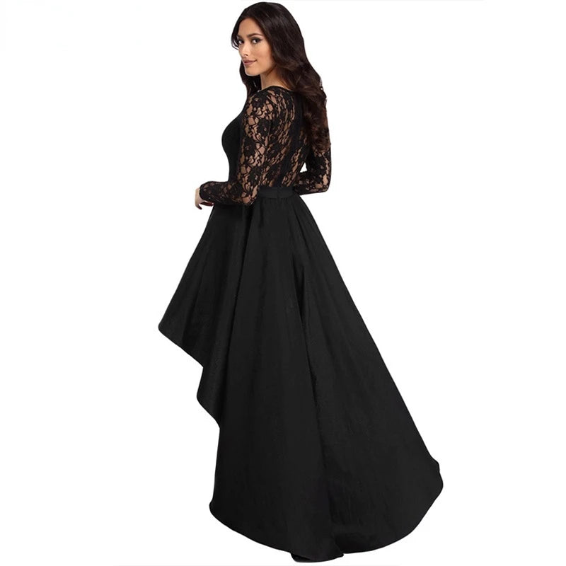 New Spring Elegant Dresses for Women Long Sleeve Lace High Low Satin Prom Evening Dress Cocktail Party Gowns Vestido Feminino
