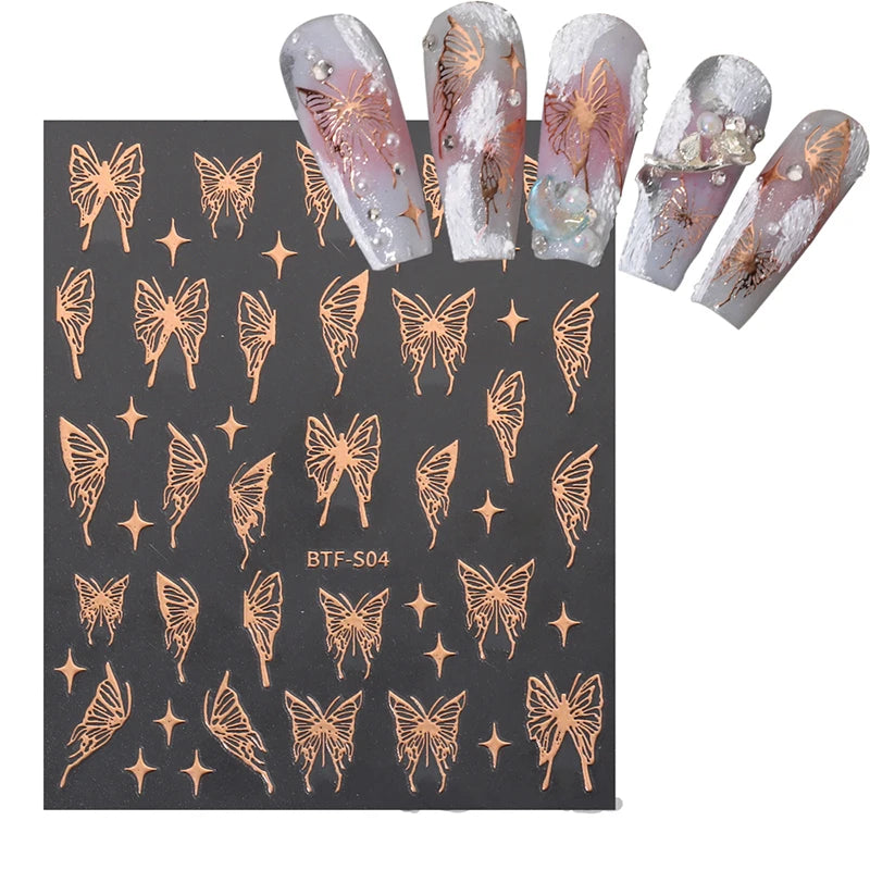 Mix 3 Sheets 3D Stickers for Nails Gold Sliver Rose Gold Laser Butterfly Moon Sun Adhesive Sliders DIY Nail Art Accessories