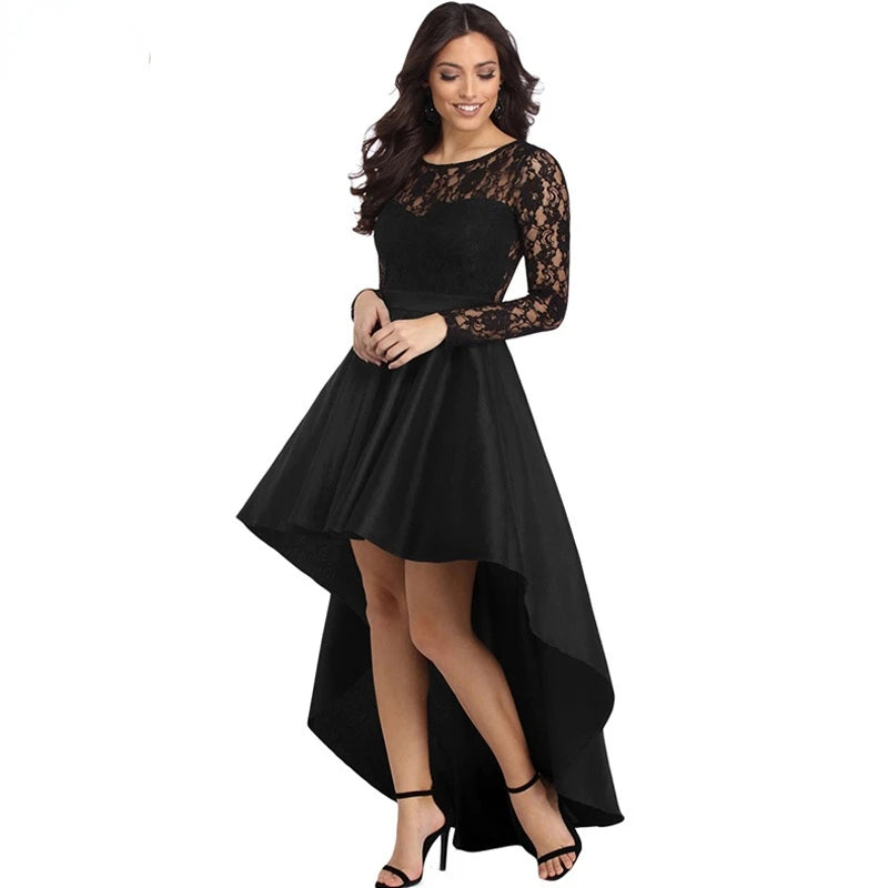 New Spring Elegant Dresses for Women Long Sleeve Lace High Low Satin Prom Evening Dress Cocktail Party Gowns Vestido Feminino