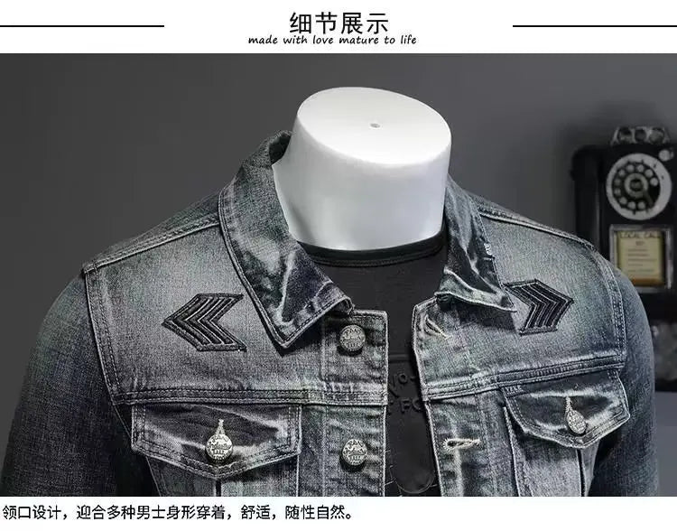 Men's Vintage Denim Jacket High Street Trend Loose Street Riding Biker Clothing Handsome Casual Buttoned Lapel Men's Clothing