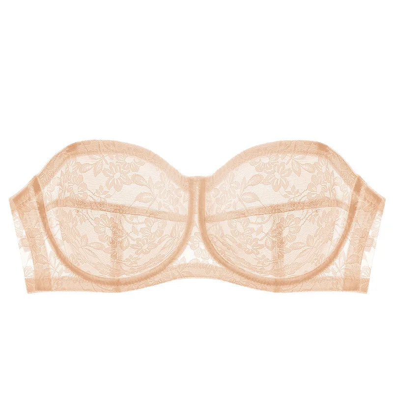 Women's Lingerie Strapless Ultra Thin Bra Transparent Embroidery Floral Brassiere Sexy Invisible Bralette Ladies Underwear
