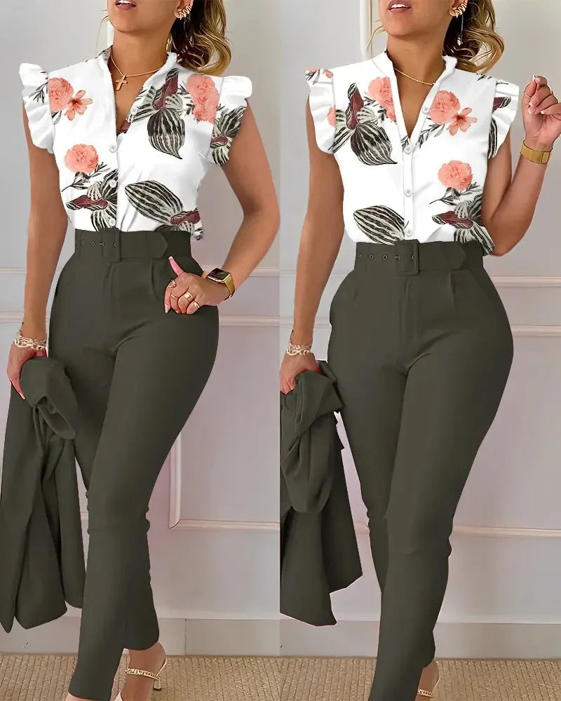 Elegant Women Two Piece Set Suits New Fashion Printed Ruffle Sleeve Top Solid Color Pants Set With Belt  Blouses Female Clothing