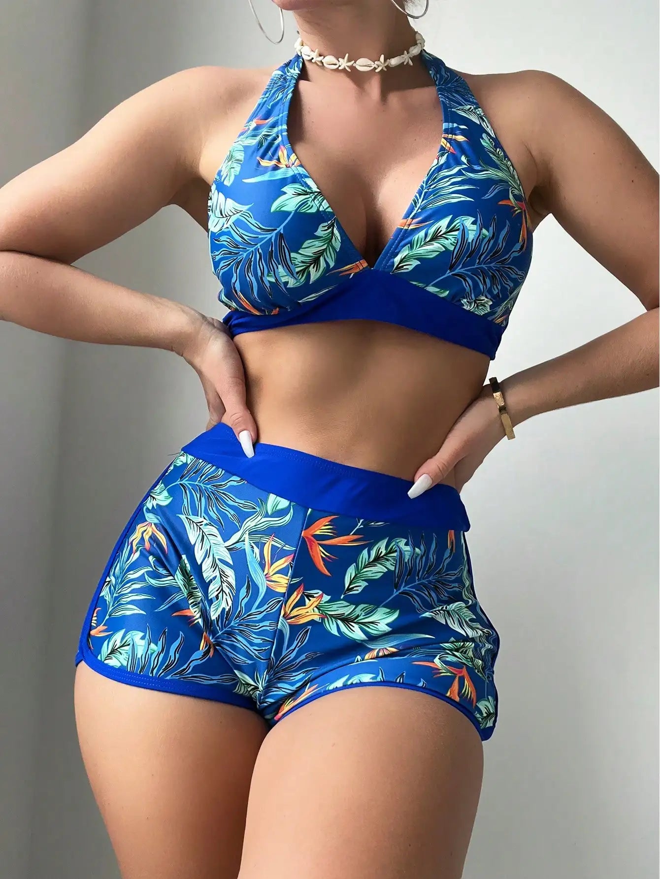 Halter Bikini Set: High Waist Design Wire-Free Support Spandex Polyester - Kurzer Schwimmanzug Frauen Bedruckte Bademode Polsterung Strandmode