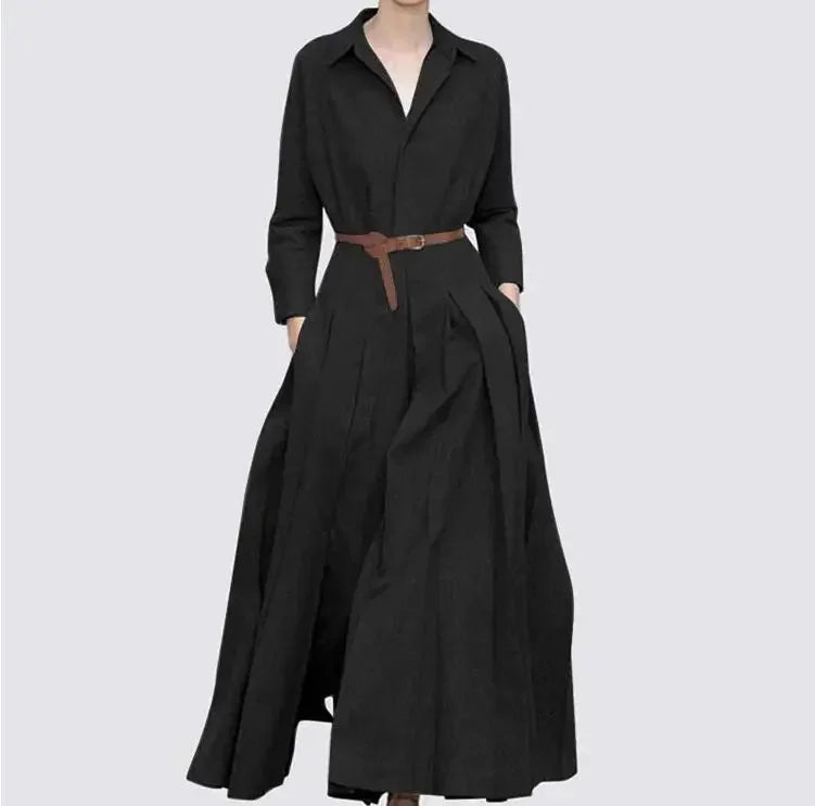 Elegant Shirt Dress for Women Fashion Lapel Temperament Long Dress Spring Autumn New Casual Office Ladies Maxi Dress Modest Robe