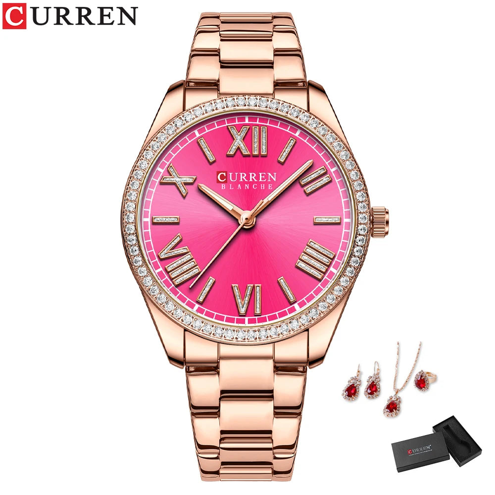CURREN Luxus Uhr Damen Ring Halskette Ohrringe - Strass Mode Armbanduhr Weiblich Casual Damen Uhren Armband 5-teiliges Set