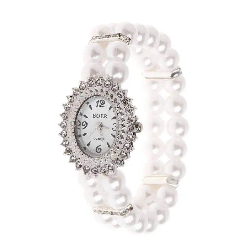 Frauen Uhr Simulierte Perlen Strass Luxus Mode Elegant Handgelenk Band Armband Schmuck Geschenke Dame Elastisch Universal Charms