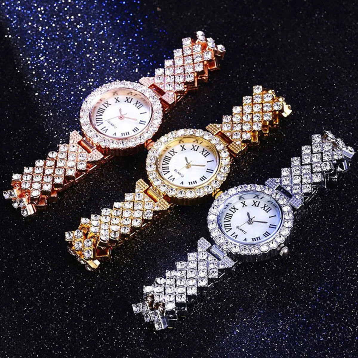 Luxus Damen Glänzende Armbanduhren 2-teiliges Set - Roségold Uhr Mode Damen Elegante Quarz Diamant Armbanduhr