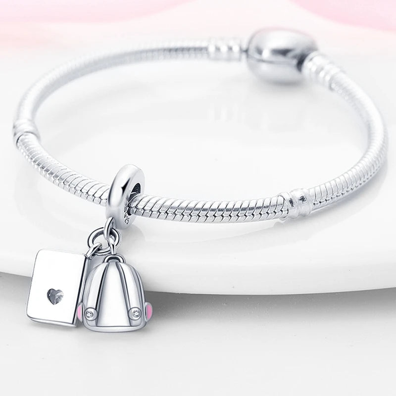 Neue 925 Silber Lernhilfe Schultasche Uhranhänger Charms Beads Fit Original Pandora Armband DIY Schmuck Für Frauen 2024