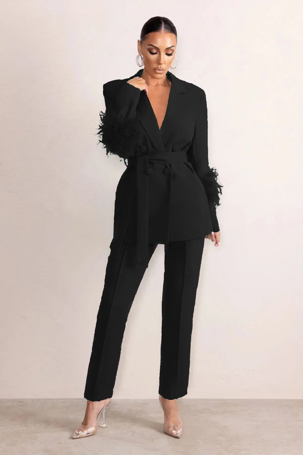 Elegant Women 2 Piece Set Solid Notched Neck Blazer Zipper Long Pants Feather Upright Coat Ladies Suit Fall Winter Office Wear