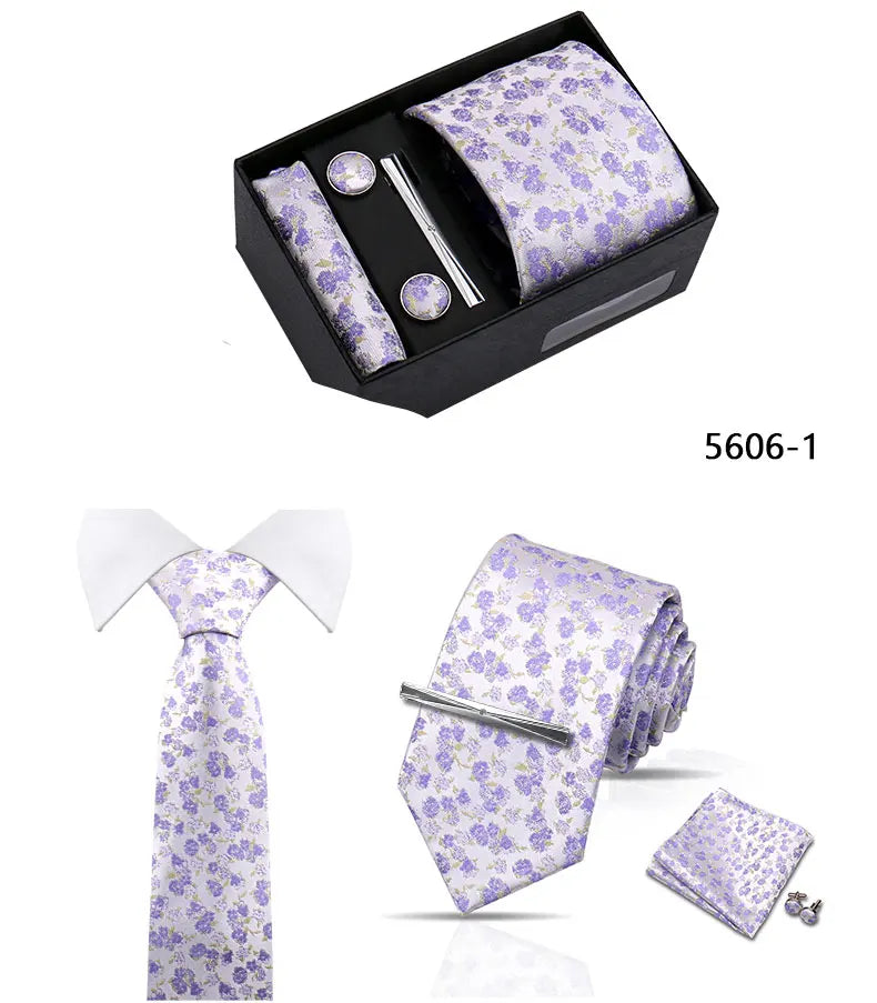 Elegant Men's Suit Necktie Gift Box Set Floral Tie Handchief Cufflinks Tie Clip 4-Piece Business Wedding Party Suit Accessories