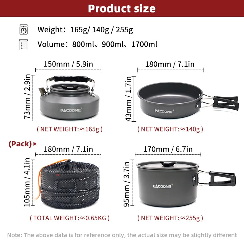 PACOONE Camping Cookware Set Outdoor Portable Foldable Cookware Set Pot Cooking Kettle Set Tableware Hiking Picnic Equipment